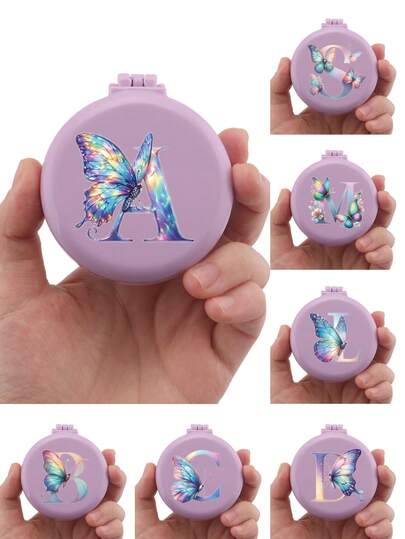 Brodark 1pc Exclusive Purple Butterfly Letter Floral Mini Mirror Comb, Compact & Portable, Women's Essential Air Cushion Brush, Foldable Air Cushion Massage Brush, Mirror & Comb 2-In-1 Design, Travel & Camping Companion, Back To School Accessory, Birthday Party & Daily Gathering Small Gift