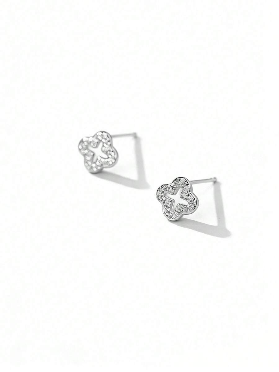 1 Pair Fashionable, Elegant, Minimalist Shiny S925 Sterling Silver Hollow Four-Leaf Clover Cubic Zirconia Earrings, Suitable For Women Anniversary Wear - Silver - View 1