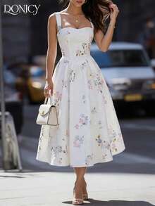 DONICY Vestido midi con volantes y estampado floral blanco para mujer, vestido sin mangas de cuello cuadrado, vestido romántico y dulce para vacaciones de verano - Blanco - Ver 5