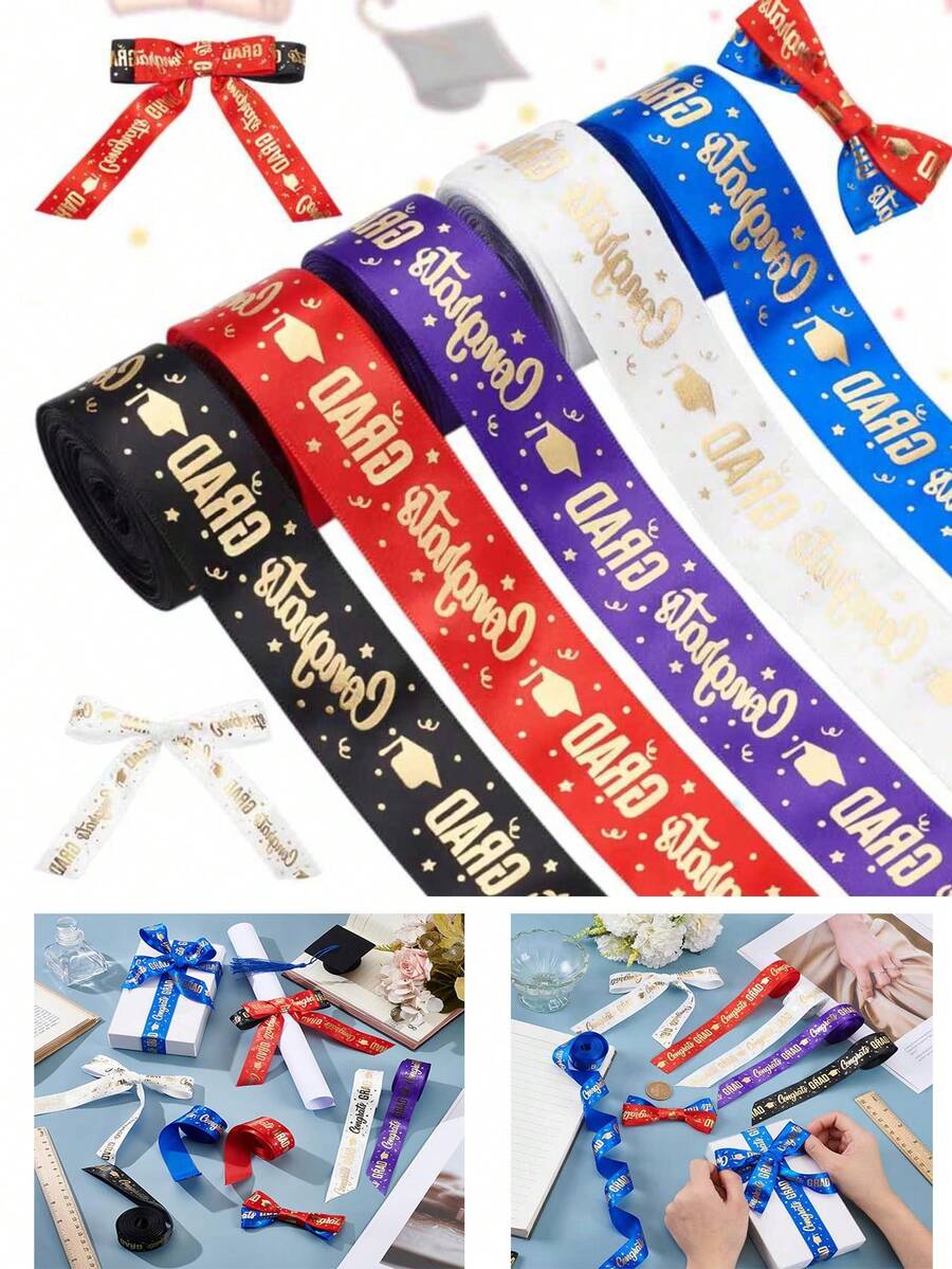 1/5条毕业纪念丝带，总长度24.6码，1英寸宽，金色烫印，涤纶罗纹工艺丝带，毕业季丝带，适用于礼品包装、毕业花环、毕业礼物等。 - 多色 - 查看 1
