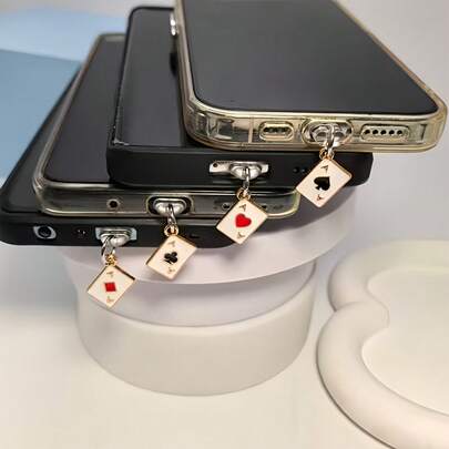 4pcs Poker Card Set Pendant Mobile Phone Dust Plug, Fashionable Metal Letter A Dust Plug, Universal Dust Cap Accessory Mobile Phone Decoration Dust Plug, Alloy Design Sense Letter Decoration Mobile Phone Hole Dust Plug, Perfect Gift