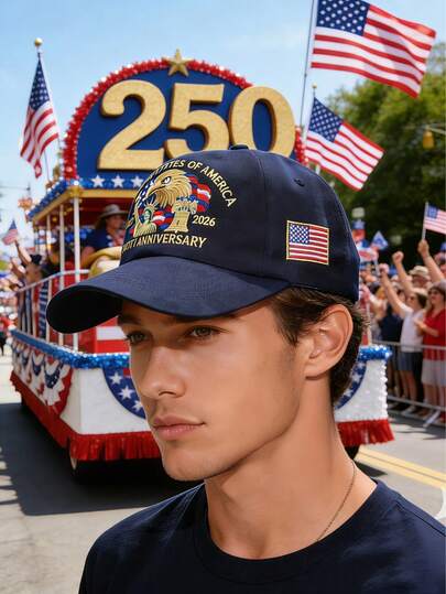 Adjustable Baseball Cap With Embroidered Eagle And American Flag, Commemorating 250th Anniversary Of US Independence