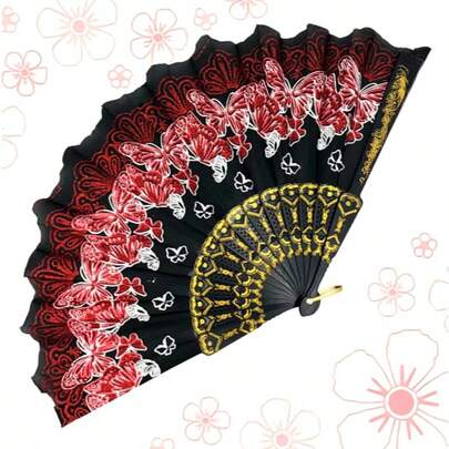 Leque Dobrável 25cm Estampa Borboleta Com Brilho Acessório Feminino Fashion delicado  Vintage  Festa  Casual  EleganteElegância    Tecido    Ventilador de Mao  Todas