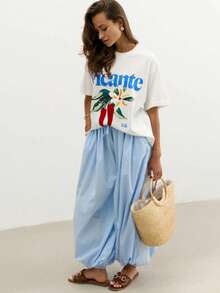 Yuyi Clothing Women Elastic Waist Lantern Leg Wide Leg Design Blue Pants, Elegant Casual Suitable For Spring And Summer - Blue - View 2