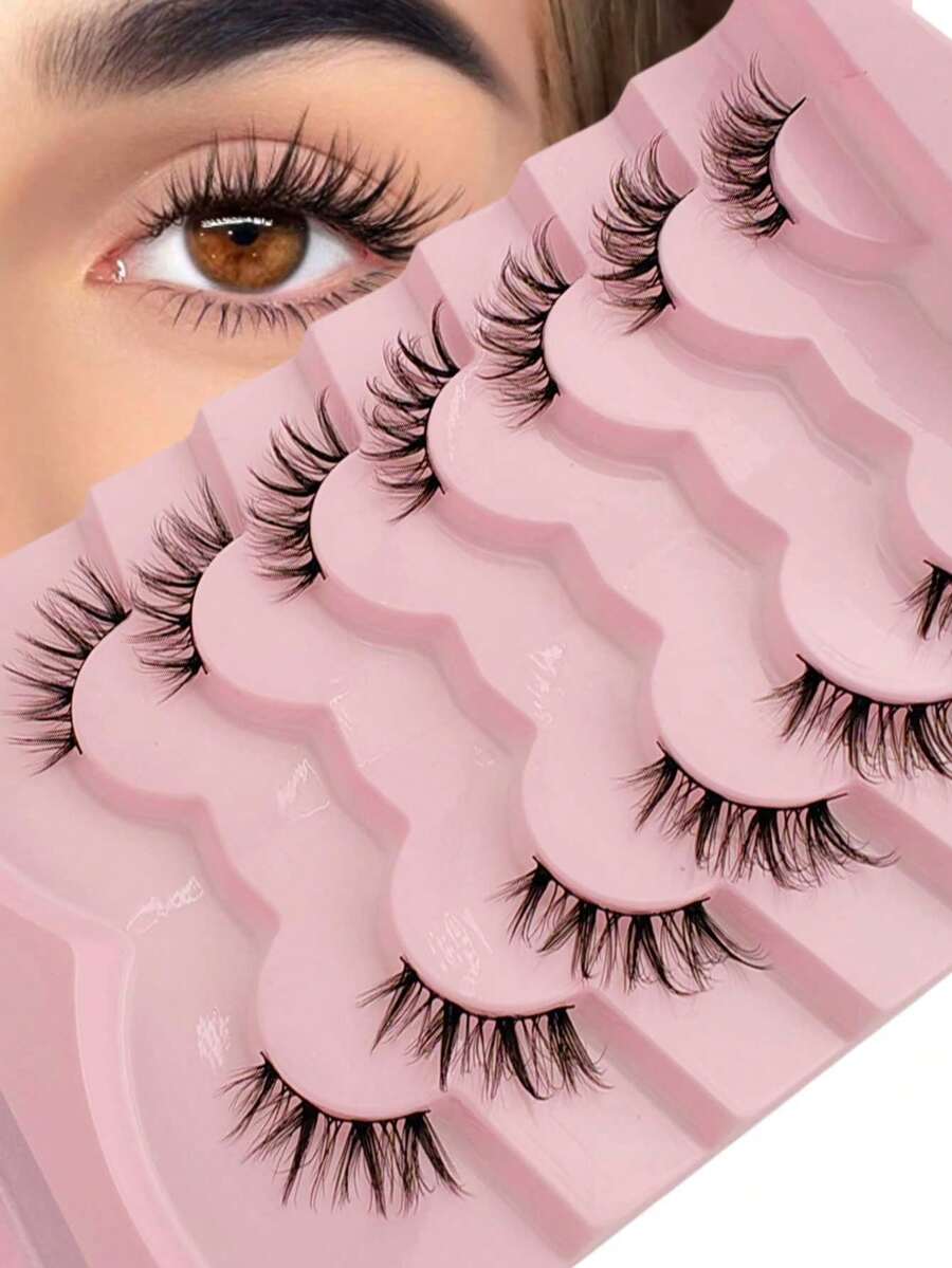 7 Pairs Natural Half Eye Lash Mermaid Tail Cat-Eye Faux-Mink Lashes | Black-Band 3D Wispy Shorties | Soft Natural Volume For Desk-To-Date, Brunch, Zoom Calls, Passport-Photo Ready, Wedding Guests, Travel & Festival Looks - Black - View 1