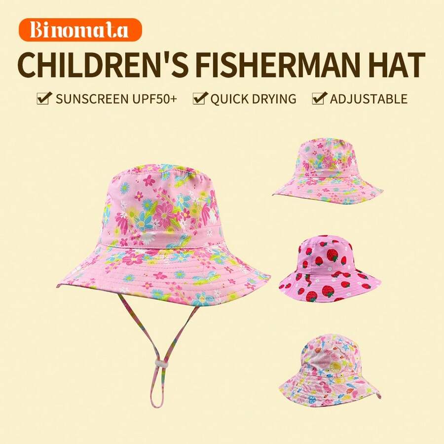 1顶男女通用婴儿/幼儿卡通印花渔夫帽，适合0-6岁儿童，UPF50+防晒，可调节宽檐沙滩帽 - 彩色 - 查看 1