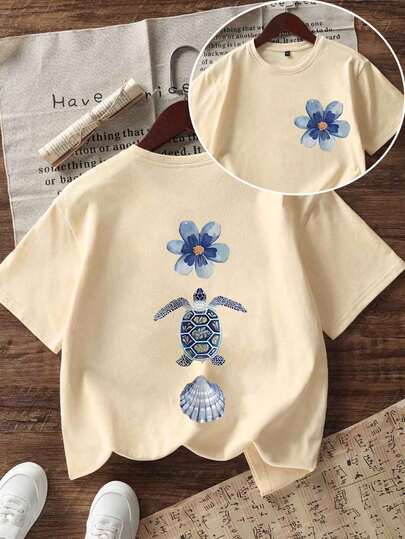 Tween Girl Turtle, Shell, Tropical Flower Print Soft & Comfortable T-Shirt, Suitable For Girls To Wear For Travel, Vacation, Outdoor Sports, Daily Casual, Best Choice For Leisure Travel! Fashionable Girls'' Casual Versatile Top For Spring And Summer