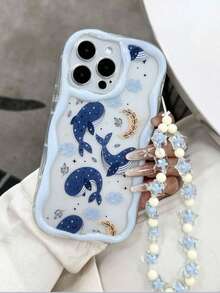 1pc Cream Textured Wavy Edge Glossy Whale Painted Anti-Drop Phone Case + Beaded Bracelet, Suitable For IPhone11/12/13/14/15/16/17/PROMAX - Multicolor - View 3