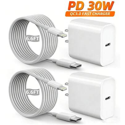 30W 快充便携套装：USB-C 墙充 + 2 米 USB-C 转 Lightning 数据线，支持快速数据传输，兼容 14/13/12/11/XR/XS/XS Max