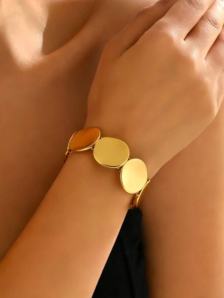 1pc Fashionable Minimalist Round Gold-Tone Metal Elastic Bangle Bracelet