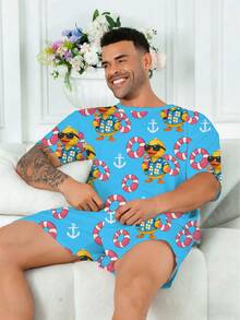 Plus Size Men's Pajama Set | Round Neck Short Sleeve Top And Elastic Waist Casual Shorts, 2 Pieces Set | Polyester Knit Fabric, Skin-Friendly Breathable Loose Fit | Cute Swimming Ring Beach Duck Print Casual Design - Teal Blue - View 4