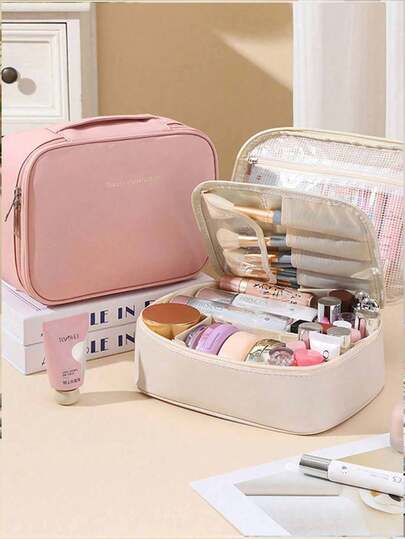 1个多功能旅行化妆包，大容量美妆工具收纳包，多层防水化妆品整理包，便携式浴室化妆包，化妆刷收纳袋，适合海滩、学校、浴室、假期、情人节、圣诞节等场合，可作为送给妈妈、家人、朋友、同学的礼物。