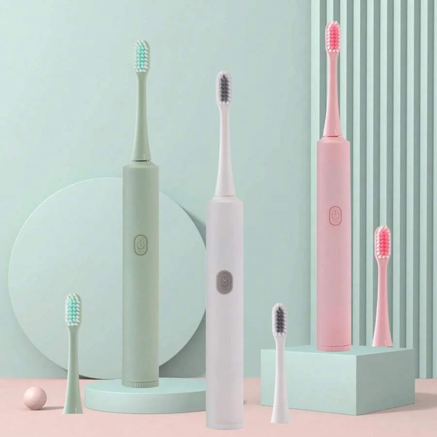 Cepillo de dientes eléctrico con 3 cabezales de cepillo, cerdas suaves, funcionamiento con un solo toque, sin necesidad de carga, regalo ideal - Blanco - Ver 1