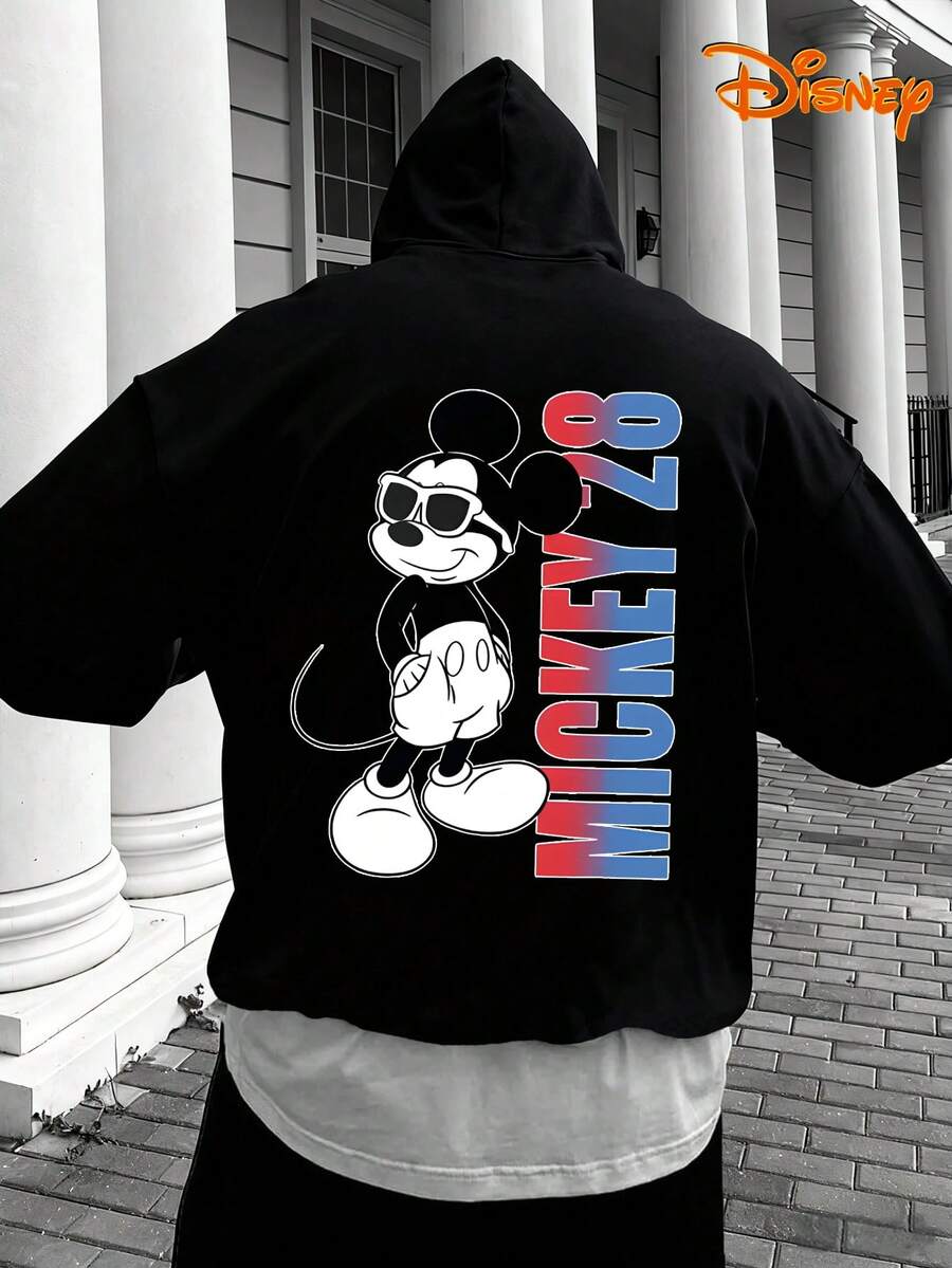 Disney Men's Casual Hoodie, "Mickey 28" Sunglasses Print, Retro Gradient Design, Oversized Silhouette, Ideal For  Style - Black - View 1