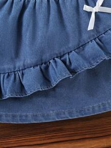 2件套女童户外休闲可爱蝴蝶结缎带透气白色条纹无袖上衣和复古甜美荷叶边蓝色牛仔裙套装，夏季 - 彩色 - 查看 5