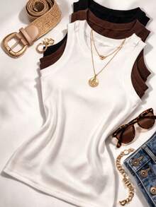 Set Of 3 Women's Long Tank Tops, Summer Fashion, Ribbed Cotton, Round Neck, Sleeveless, Regular Length And High Elasticity. - Chocolate Brown - View 1