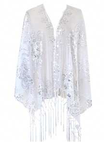 1 pièce/Châle brodé transparent pour femmes, design de chrysanthème doré avec paillettes et franges, vêtement d'extérieur léger et translucide, convient pour la mariée, la demoiselle d'honneur, le mariage, la soirée, la fête de cocktail, l'assortiment de robe de bal - Multicolore - Voir 14