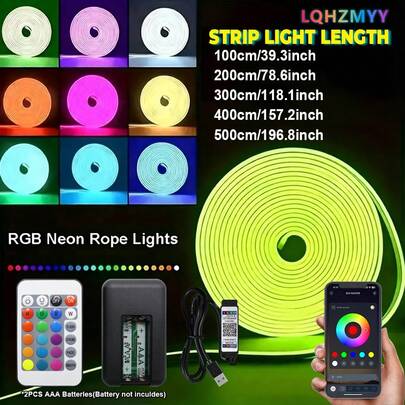 一套RGB LED霓虹灯条，USB供电，APP和遥控器控制，可DIY造型，家居氛围灯带