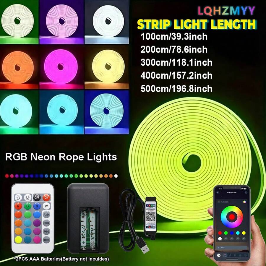 一套RGB LED霓虹灯条，USB供电，APP和遥控器控制，可DIY造型，家居氛围灯带