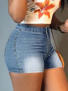 Shorts pantalones de mezclilla mujer dama, pantalones cortos de mezclilla azul claro elásticos ajustados corte recto, lavado clásico con bolsillos prácticos, estilo casual versátil para outfits diarios - Azul - Ver 3