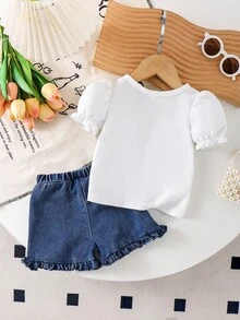 2pcs Baby Girl Summer Casual Set, Includes Round Neck Lantern Sleeve Solid White Waffle Tee And Ruffle Hem Bowknot Irregular Denim Shorts - White - View 2