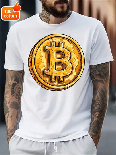 1pc Bitcoin Symbol ₿ Cryptocurrency T-Shirt For Men & Women - Soft Breathable Cotton Plus Size S-3XL (Bitcoin Golden Coin Logo), White Casual Tee For Crypto Fans, Bitcoin Gifts, All-Season Wear