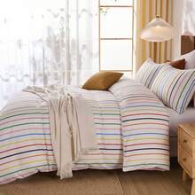 Rainbow Striped Duvet Cover Set Queen Size, 100% Cotton Bedding Set With Zipper Closure & 8 Corner Ties, Luxury Linen Like Bedding, Soft Breathable Comforter Cover For All Seasons - 彩色 - 查看 4