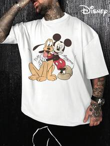 Disney Men's Casual T-Shirt, Mickey & Pluto Hug Print, Nostalgic Design, Relaxed Fit, Ideal For Disney Fans & Casual Wear - 白色 - 查看 1