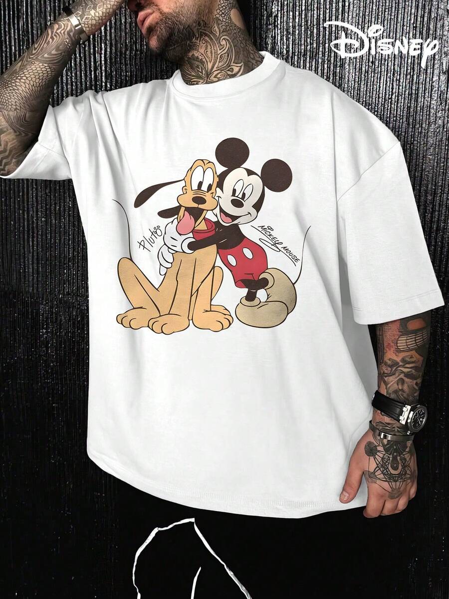 Disney Men's Casual T-Shirt, Mickey & Pluto Hug Print, Nostalgic Design, Relaxed Fit, Ideal For Disney Fans & Casual Wear - 白色 - 查看 1