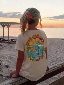 少女休闲印花圆领短袖T恤，夏季上衣 - 杏色 - 查看 9