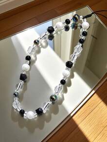 1pc Black & White Contrast, Iridescent Crystal, Geometric Block, Faux Pearl Beaded Keychain, Chic Phone Charm Strap, Fits All Phone Models, Suitable Gift For Mother, Family, Friends, Birthday, Holiday - Black and White - View 5