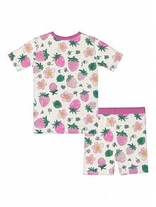 Bamboo Fiber - Summer Strawberry Print Set, Cute Pink Print, Comfortable And Fitted, Highly Elastic, Machine Washable, Suitable For Outdoor Summer Infant Boy Girl Use. - Màu Hồng baby - Xem 2