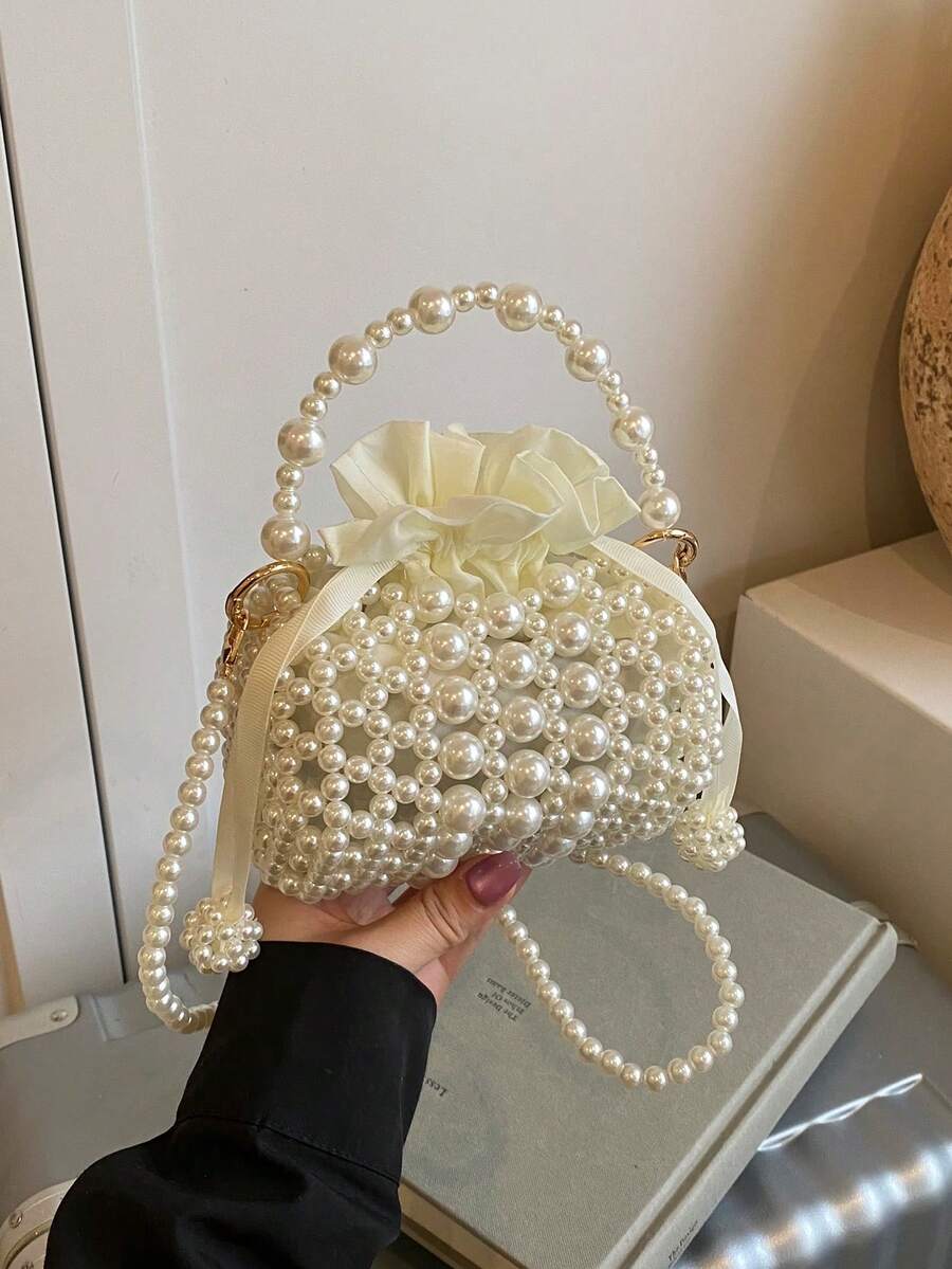 1 pieza Bolso de mano lindo con cordón de cierre de perlas para niñas, bolso cruzado con cuentas blancas, adecuado para primavera/verano - Blanco - Ver 1