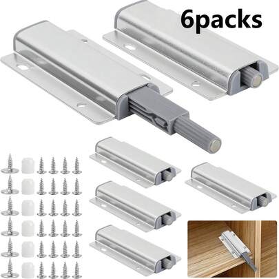 Bộ 2/6 dụng cụ mở cửa/ngăn kéo tủ bằng cách ấn, có nam châm báo hiệu, thích hợp cho các loại đồ nội thất như tủ và ngăn kéo.