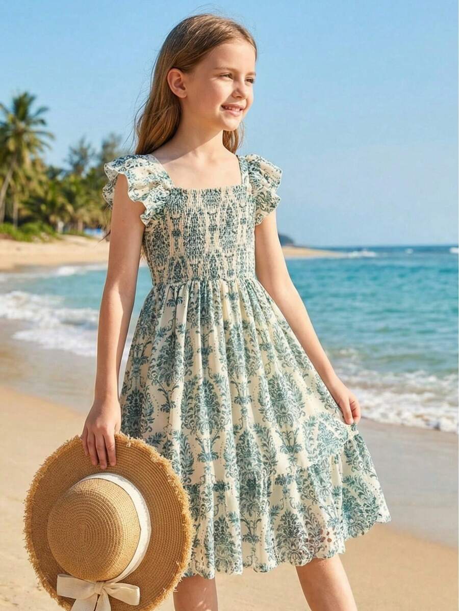 少女夏季新款复古碎花短袖收腰喇叭裙 - 綠色 - 查看 1