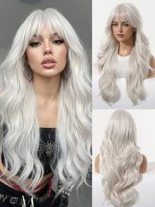 26" Silver White Wavy Wig With Fringe, Heat Resistant Synthetic Hair With Elastic Net Cap For Cosplay & Festival Outfits - White - View 2