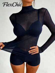 FLEXCHIC 新款黑色高领女士打底衫，轻薄透气网眼长袖T恤，适合春秋季穿着 - 藏蓝色 - 查看 4