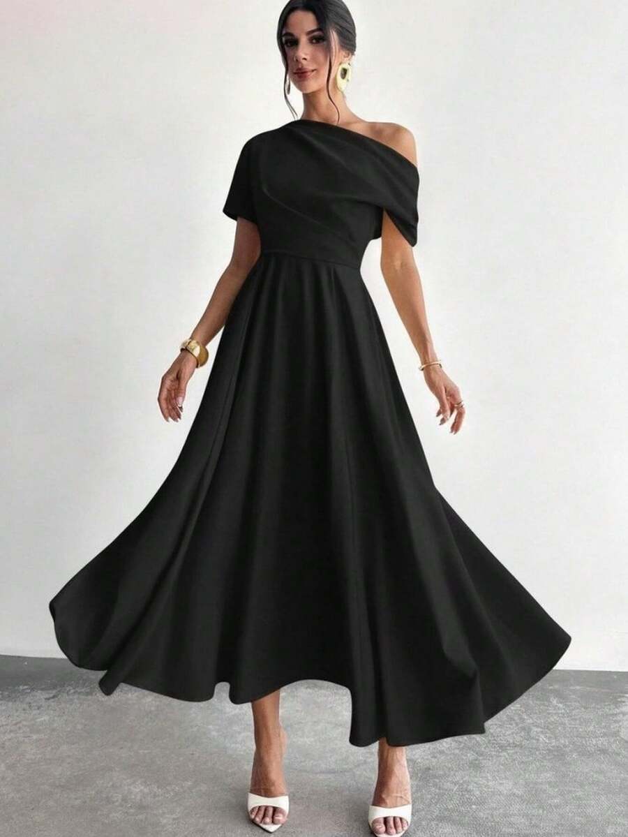 Women Off-The-Shoulder, Short-Sleeved, Pleated, Long, Shimmering Crepe Dress., 31119 - Black - View 1