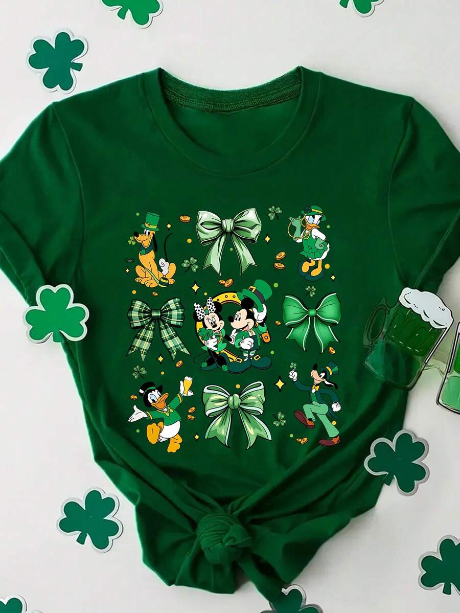 Disney Women's T-Shirt Featuring St. Patrick's Day-Themed Mickey Mouse And Friends With Bow-Tie Lettering Cartoon Print. Spring/Summer Women's Crew Neck T-Shirt Crafted From Soft, Comfortable Fabric. A Stylish Disney Women's Graphic Tee Perfect For Everyday Wear, Outings, Travel, And Leisure. Also Makes An Exquisite Gift. - Green - View 1