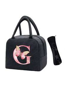 Pink Butterfly & Letter Pattern Insulated Lunch Bag, Thermal Lunch Box, Suitable For Students, Office, Camping, Picnic, School, University, Lightweight Portable Canvas Lunch Storage Bag - Multicolor - View 29