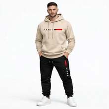 Men's Kangaroo Hoodie And Cold Weather Tracksuit Set - 米色/黑色 - 查看 2
