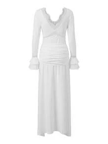Women's Fall Lace Long Dress Elegant Solid Color Long Sleeve V Neck Slim Fit Ruffle Dress For Daily Event Wear - Milky - View 7