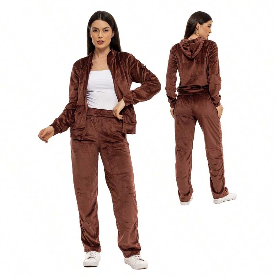 Women's Plus Size Sets In Velvet Plush Fabric, Blouse With Zipper And Basic Pants HZ-Con-001 - 鏽棕色 - 查看 1