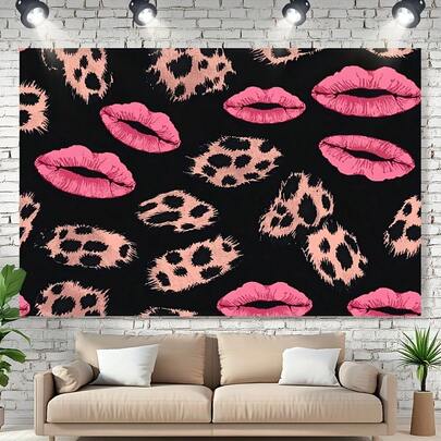 1 Chic Light Red Lips And Leopard Print Tapestry - Stunning Polyester Wall Decor For Weddings, Birthdays, Anniversaries | Ideal For Home And Garden Events | Lightweight And Easy To Hang, Party Backdrop | Stylish Decor | Fashion Tapestry, Leopard Print Decoration