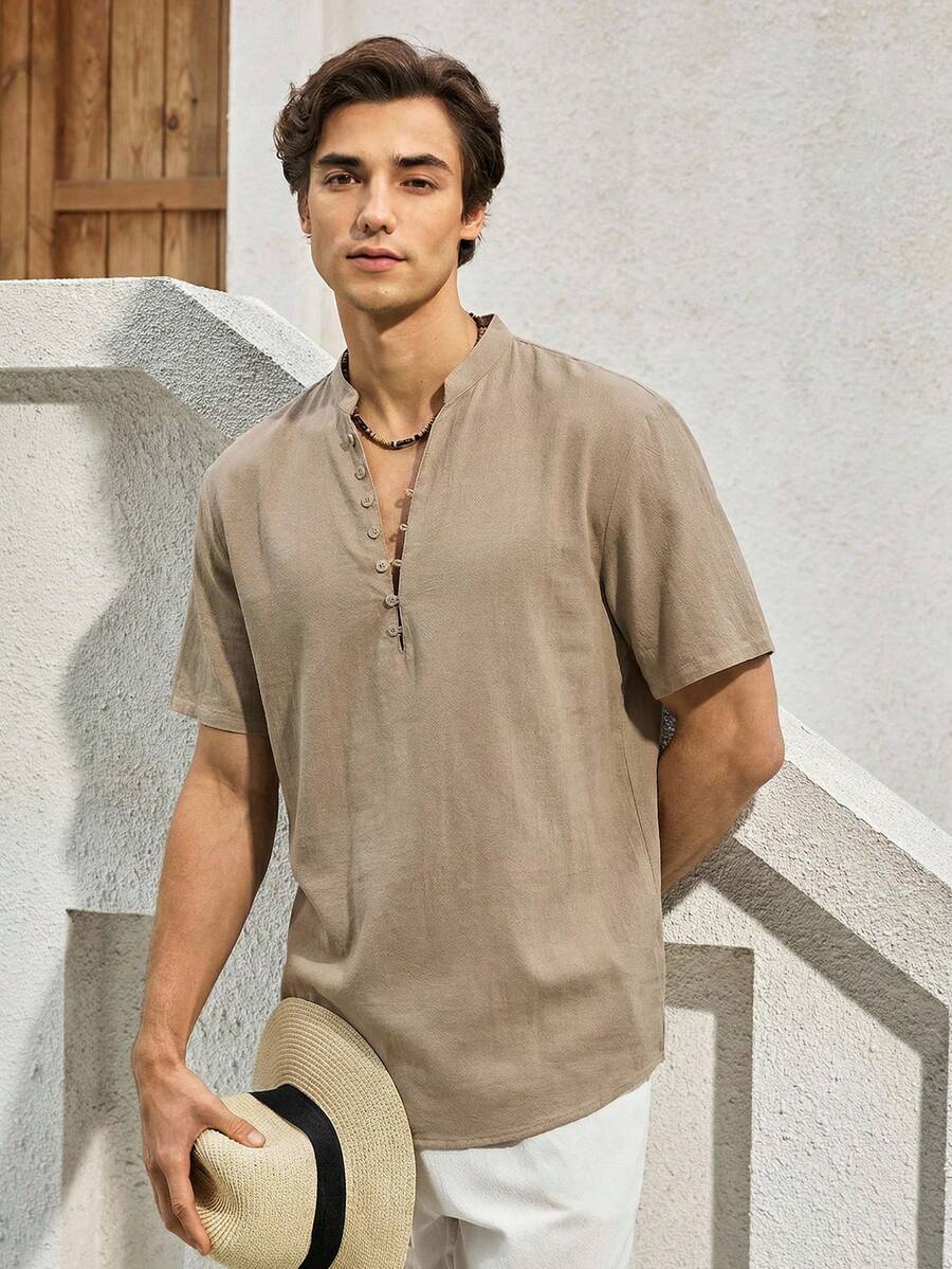 Mercer Haus Men's Linen Henley Shirt, For Summer Vacation Beach Wear