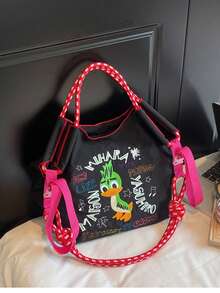 Túi tote thêu họa tiết vịt xanh, túi nylon chống thấm nước, đa năng, phong cách thường ngày. - màu đen - Xem 9