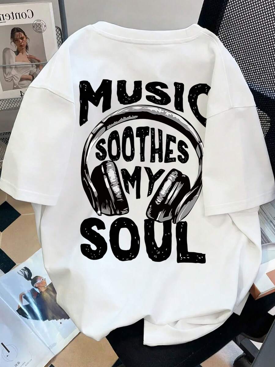 Boys' Casual Stylish Music Artist Headphone Print Round Neck Short Sleeve T-Shirt, Summer New Kids Tops - White - View 1