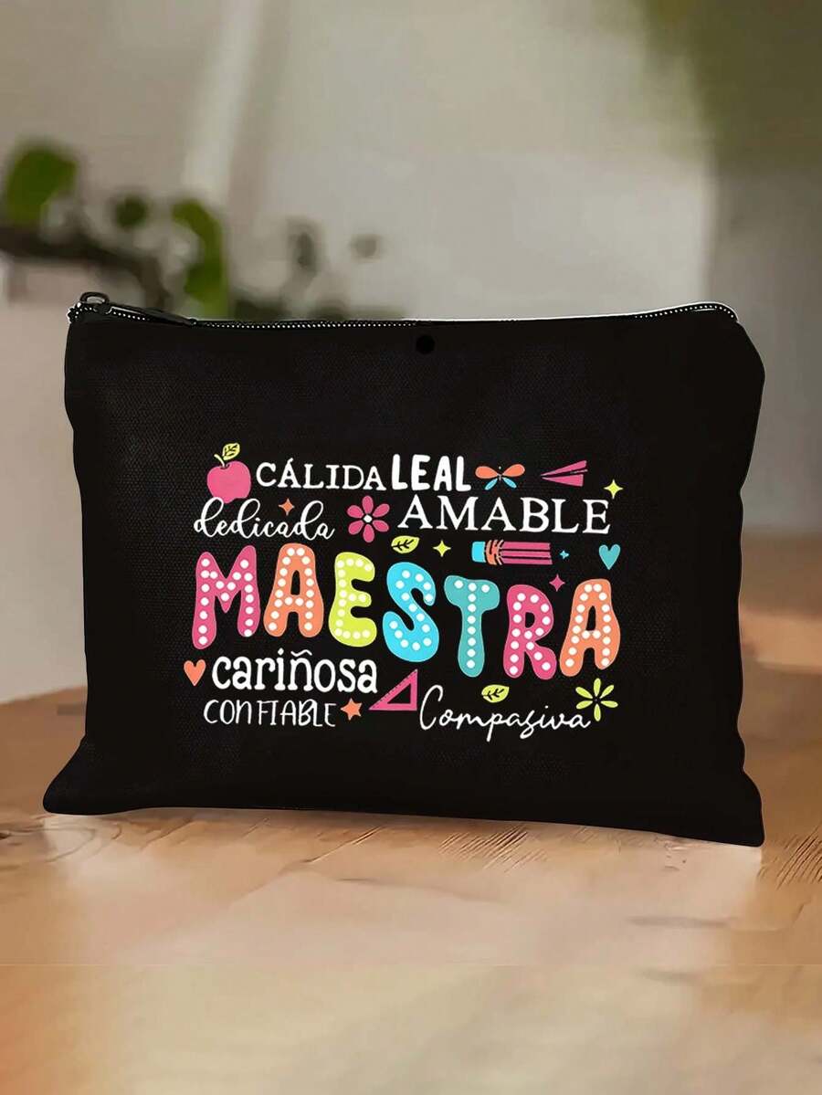 Teacher Letter Print Pouch, Durable & Fashionable Gift, Zipper Closure Convenient, Best Gift For Your Beloved, Girlfriend Gift, Portable Cosmetic Bag - Multicolor - View 1
