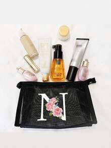 黑色网眼袋，印有创意花卉和A-Z字母图案，透明网眼化妆品收纳袋，大容量多功能旅行包，适合收纳化妆品、文具、珠宝首饰，适用于居家、旅行、商务、游泳等多种场合，也适合办公室、学校、工作、通勤、户外、旅行等。化妆包、化妆品收纳包、洗漱包、化妆品收纳袋、化妆包、洗漱袋、旅行包、度假必备品、女性旅行礼物。 - 黑色 - 查看 8