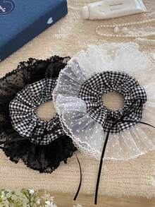 Plaid & Polka Dot Lace Trim Scrunchie, Versatile Fabric Hair Tie For Spring/Summer - Multicolor - View 12